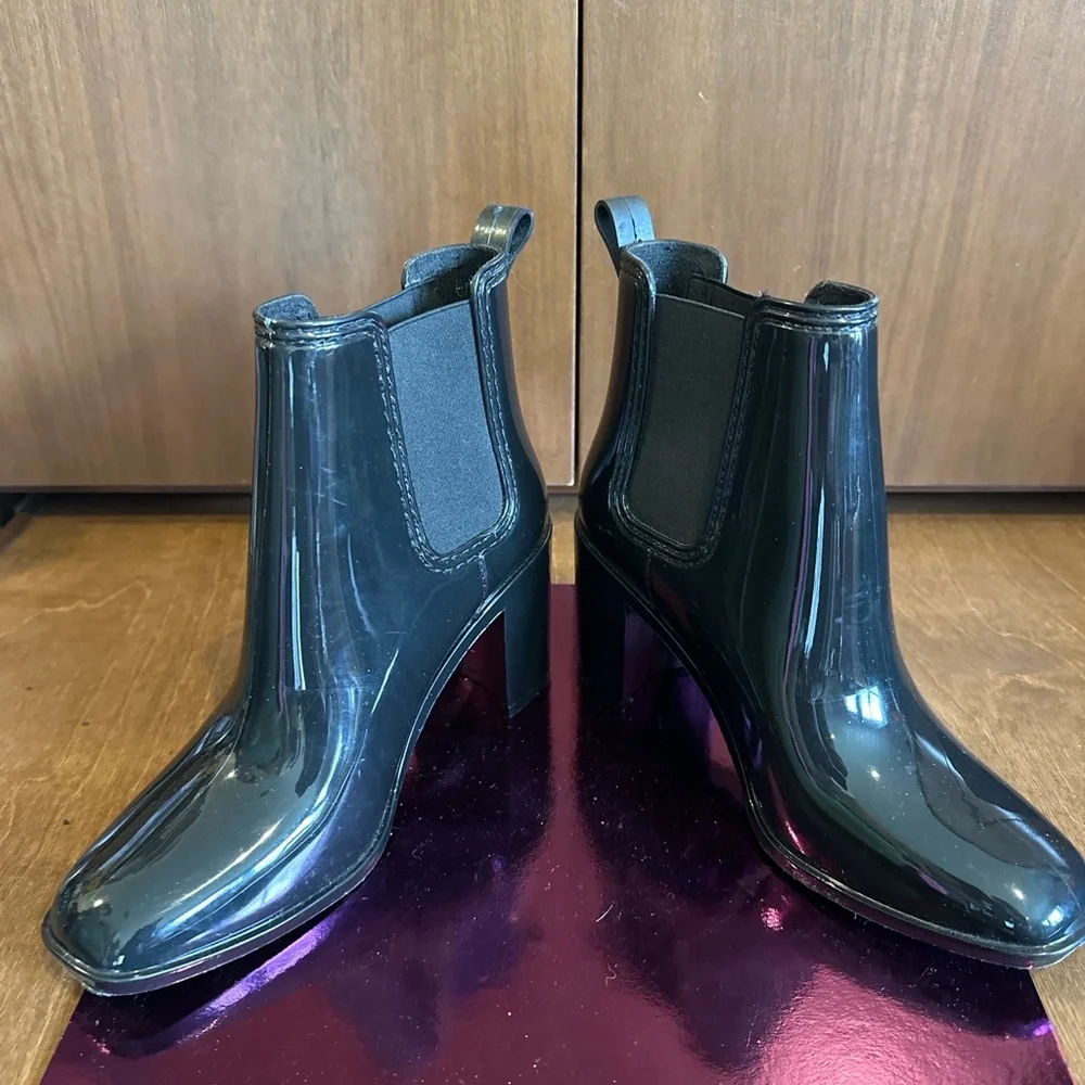 Jeffery Campbell Stormy Black Glossy Chelsea Rain Boots Ankle Block Heel 7